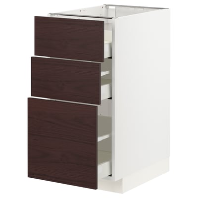 METOD / MAXIMERA Base cab f hob/3 fronts/3 drawers, white Askersund/dark brown ash effect, 40x60x80 cm