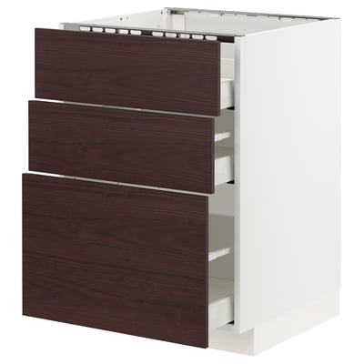 METOD / MAXIMERA Base cab f hob/3 fronts/3 drawers, white Askersund/dark brown ash effect, 60x60x80 cm