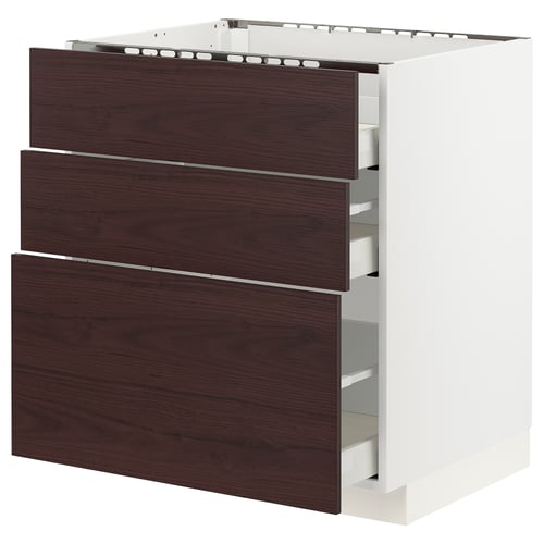 White METOD kitchen cabinet with 3 dark wood drawers.