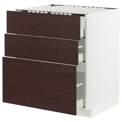 METOD / MAXIMERA Base cab f hob/3 fronts/3 drawers, white Askersund/dark brown ash effect, 75x60x80 cm
