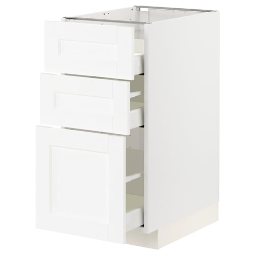 White METOD kitchen cabinet with three open drawers, smooth-running, classic wood look.