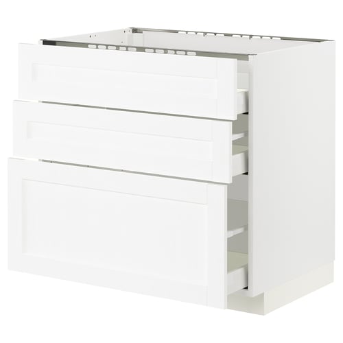 White METOD kitchen cabinet, three drawers, modern design, wooden texture.