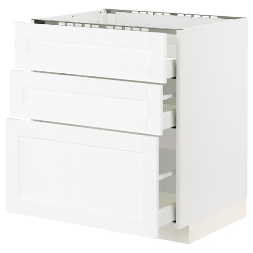 White METOD kitchen cabinets with drawers and shelves, modern design, particleboard & laminate, smooth drawers, stable top.