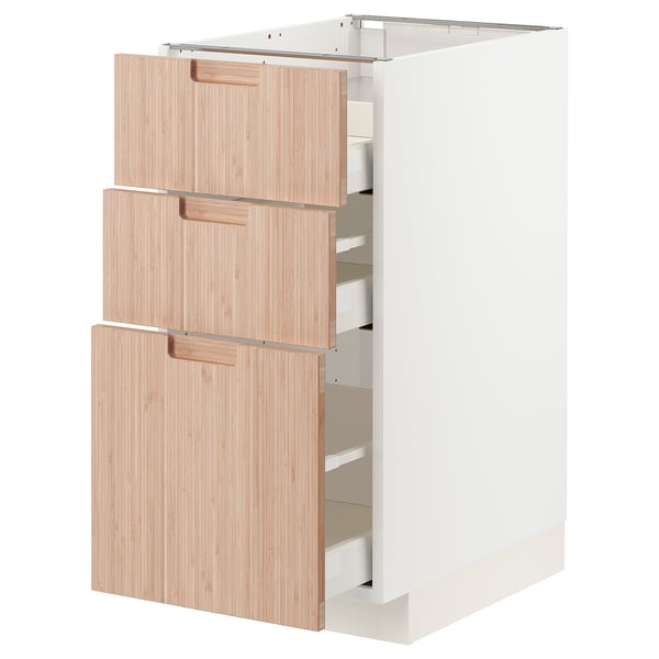 METOD / MAXIMERA Base cab f hob/3 fronts/3 drawers, white/Fröjered light bamboo, 40x60x80 cm