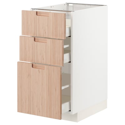 METOD / MAXIMERA Base cab f hob/3 fronts/3 drawers, white/Fröjered light bamboo, 40x60x80 cm