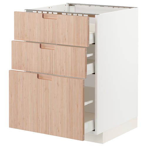 Modern light wood kitchen cabinet with three drawers. Sleek, natural bamboo finish. Full-extension drawers with soft-close feature.