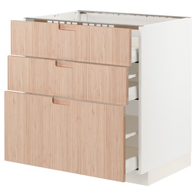 METOD / MAXIMERA Base cab f hob/3 fronts/3 drawers, white/Fröjered light bamboo, 80x60x80 cm