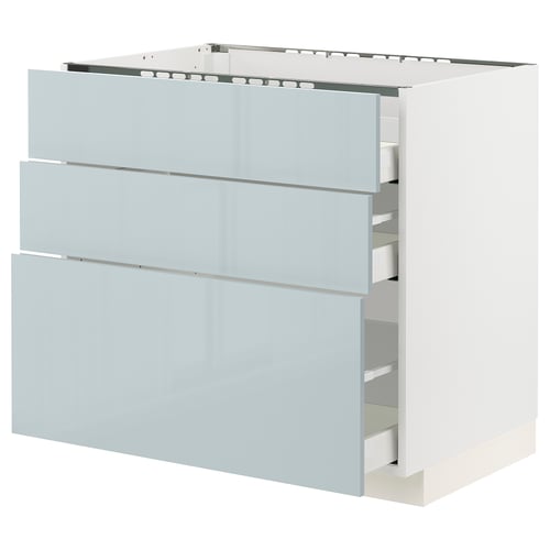 Ikea METOD kitchen unit with high-gloss grey-blue drawers.