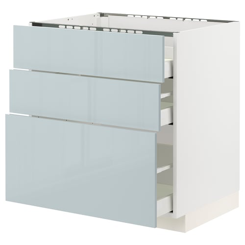 Grey-blue METOD kitchen cabinet with 3 sleek, glossy drawers and full-extension runners.