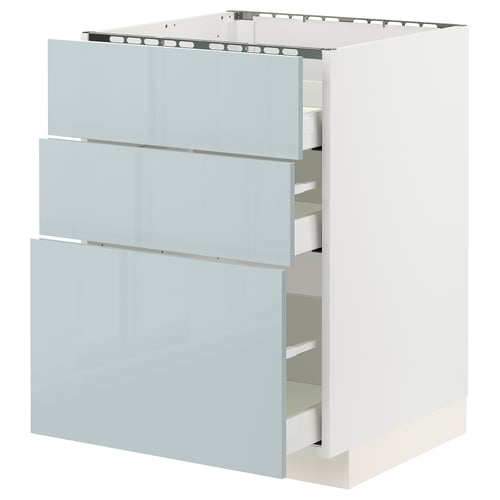 Ikea METOD kitchen unit in grey-blue with three drawers, sleek modern design.