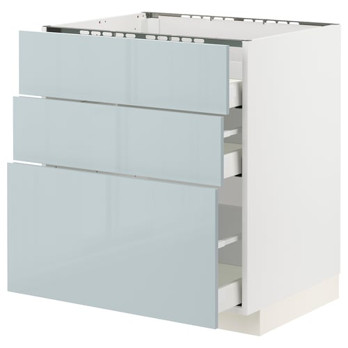 METOD kitchen cabinet in grey-blue with multiple drawers. Modern design in glossy finish. Sturdy particleboard construction.