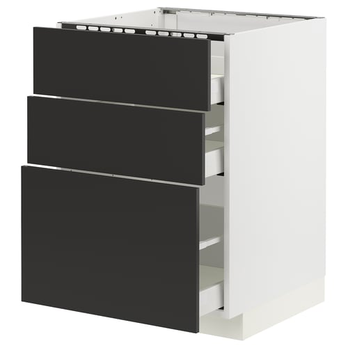 A modern, white METOD kitchen cabinet with three black drawers. It a sleek, minimalist design with smooth, full-extension drawers.