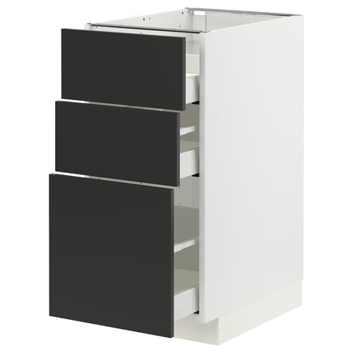 Modern kitchen cabinet METOD with 3 black nickebo drawers, sleek design.