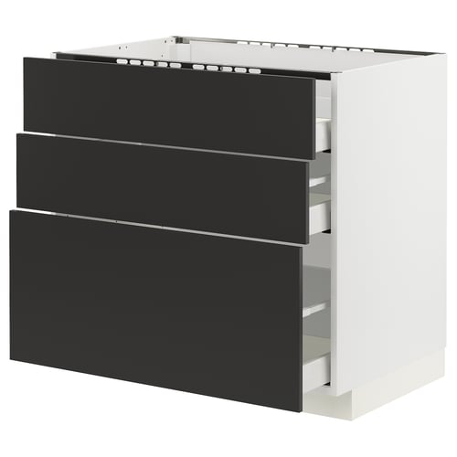 White ikea METOD cabinet with 3 black, full-extension, soft-close drawers.