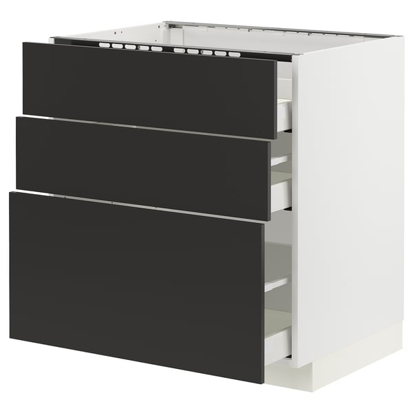 METOD / MAXIMERA Base cab f hob/3 fronts/3 drawers, white/Nickebo matt anthracite, 80x60x80 cm