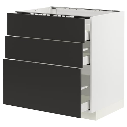 Black modern kitchen unit with three drawers, part of the METOD system.