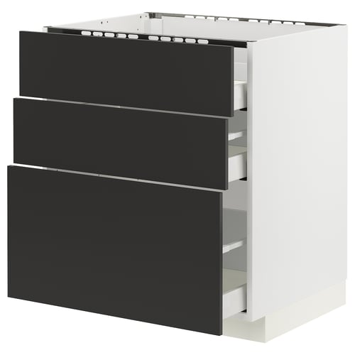 A METOD kitchen cabinet in white with black drawer fronts. It has a sleek, modern design with three full-extension drawers.