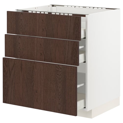 White METOD kitchen cabinet with 3 large dark wood drawers and multiple compartments.