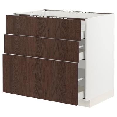 METOD / MAXIMERA Base cab f hob/3 fronts/3 drawers, white/Sinarp brown, 90x60x80 cm