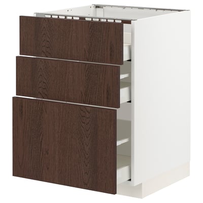 METOD / MAXIMERA Base cab f hob/3 fronts/3 drawers, white/Sinarp brown, 60x60x80 cm