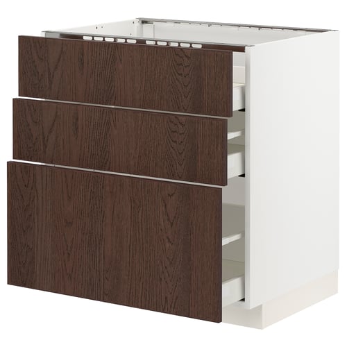 Modern kitchen cabinet, white & brown, wooden drawers.