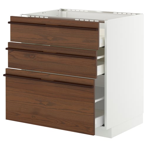 Depicts a METOD kitchen cabinet with dark brown stained ash veneer and wooden handles.