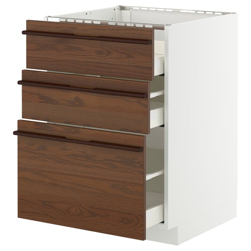 Modern kitchen cabinet, white & brown, 4 dark drawers.