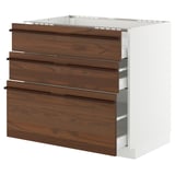 METOD / MAXIMERA Base cab f hob/3 fronts/3 drawers, white/Stensta dark brown ash veneer, 90x60x80 cm