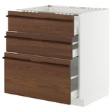 METOD / MAXIMERA Base cab f hob/3 fronts/3 drawers, white/Stensta dark brown ash veneer, 75x60x80 cm