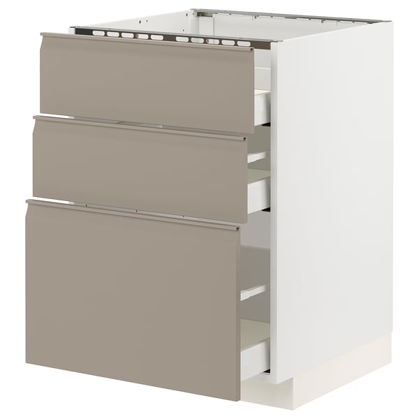 METOD / MAXIMERA Base cab f hob/3 fronts/3 drawers, white/Upplöv matt dark beige, 60x60x80 cm