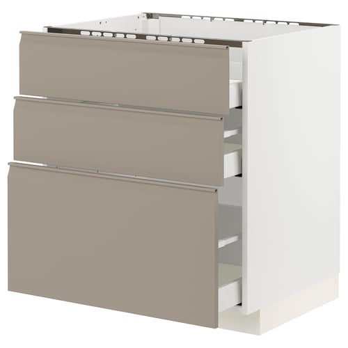 A METOD kitchen cabinet with three drawers in matte grey-beige. The cabinet is rectangular, with a smooth finish and integrated handles.