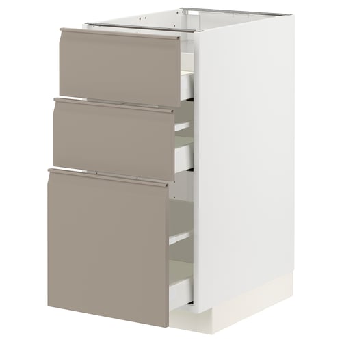 METOD kitchen unit, white with grey-beige drawers, three drawers, modern design.