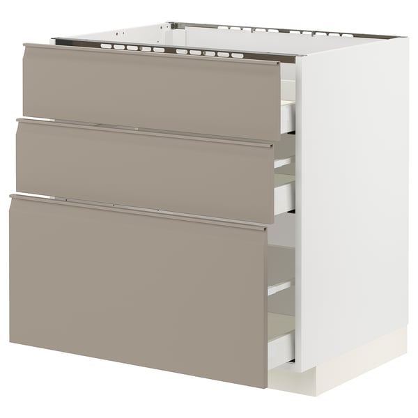 METOD / MAXIMERA Base cab f hob/3 fronts/3 drawers, white/Upplöv matt dark beige, 80x60x80 cm
