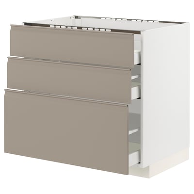 METOD / MAXIMERA Base cab f hob/3 fronts/3 drawers, white/Upplöv matt dark beige, 90x60x80 cm