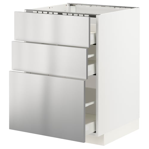 A white METOD kitchen cabinet with three stainless steel drawers, featuring a sleek industrial design and sturdy frame construction.