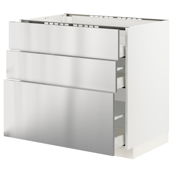 METOD / MAXIMERA Base cab f hob/3 fronts/3 drawers, white/Vårsta stainless steel, 90x60x80 cm
