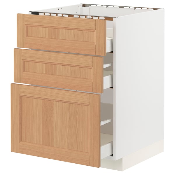 METOD / MAXIMERA Base cab f hob/3 fronts/3 drawers, white/Vedhamn oak, 60x60x80 cm