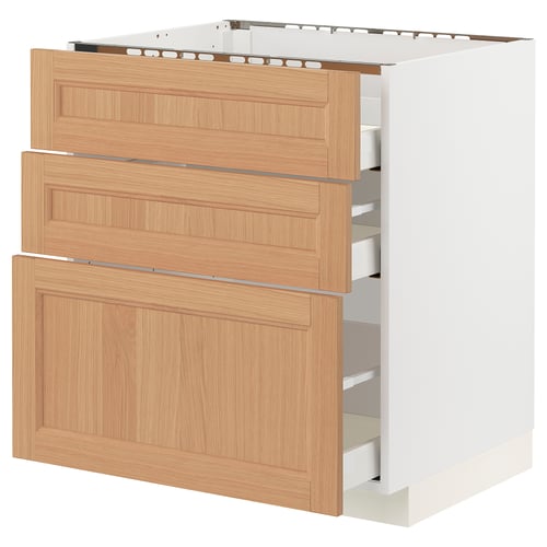 White cabinet with 3 drawers, oak veneer, sturdy, sleek.