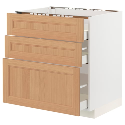 METOD kitchen unit: white & oak, 3 drawers, rectangular, modern design.