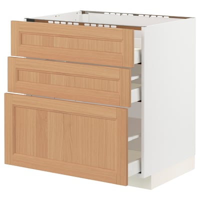 METOD / MAXIMERA Base cab f hob/3 fronts/3 drawers, white/Vedhamn oak, 80x60x80 cm