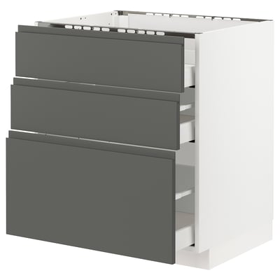 METOD / MAXIMERA Base cab f hob/3 fronts/3 drawers, white/Voxtorp dark grey, 75x60x80 cm
