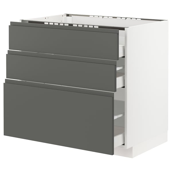 METOD / MAXIMERA Base cab f hob/3 fronts/3 drawers, white/Voxtorp dark grey, 90x60x80 cm