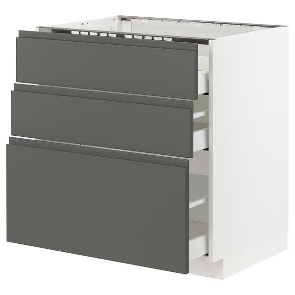 METOD / MAXIMERA Base cab f hob/3 fronts/3 drawers, white/Voxtorp dark grey, 80x60x80 cm