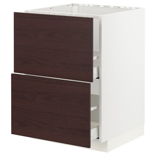 Dark brown ikea METOD kitchen cabinet with 2 drawers on white base.