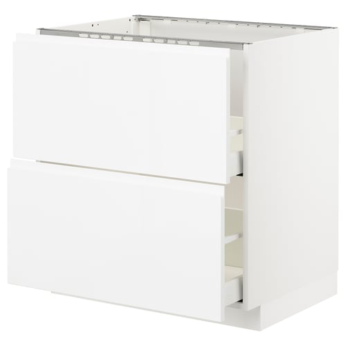 White METOD kitchen cabinet, glossy finish, rectangular shape, two drawers, smooth handles.