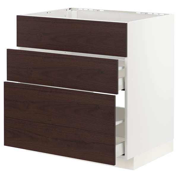 METOD / MAXIMERA Base cab f sink+3 fronts/2 drawers, white Askersund/dark brown ash effect, 80x60x80 cm