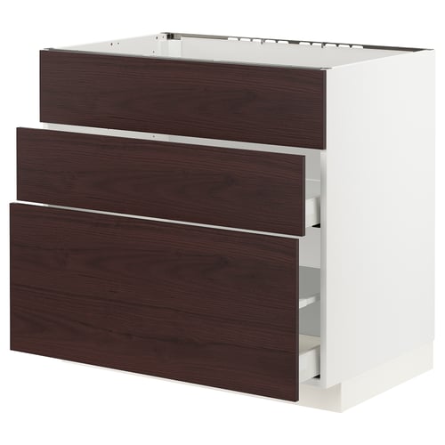 Modern kitchen unit with dark brown drawers and white base.