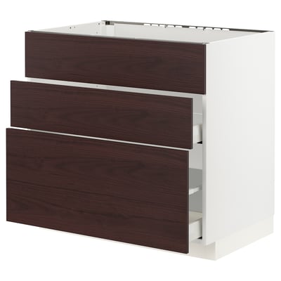 METOD / MAXIMERA Base cab f sink+3 fronts/2 drawers, white Askersund/dark brown ash effect, 90x60x80 cm