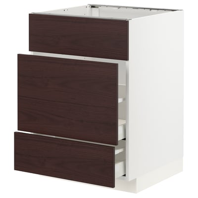 METOD / MAXIMERA Base cab f sink+3 fronts/2 drawers, white Askersund/dark brown ash effect, 60x60x80 cm