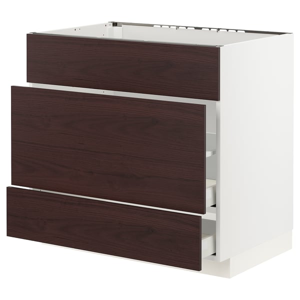 METOD / MAXIMERA Base cab f sink+3 fronts/2 drawers, white Askersund/dark brown ash effect, 90x60x80 cm